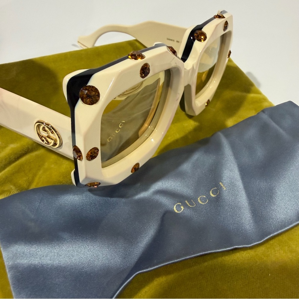 Rare Gucci Hollywood Forever Crystal Bling Square Gold Mirrored Ivory Sunglasses